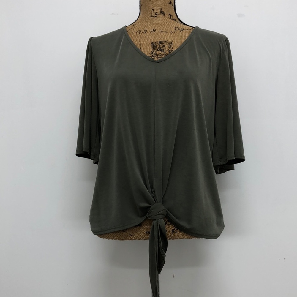 Gyft Tie Front Modal Blouse Army Green Size Medium